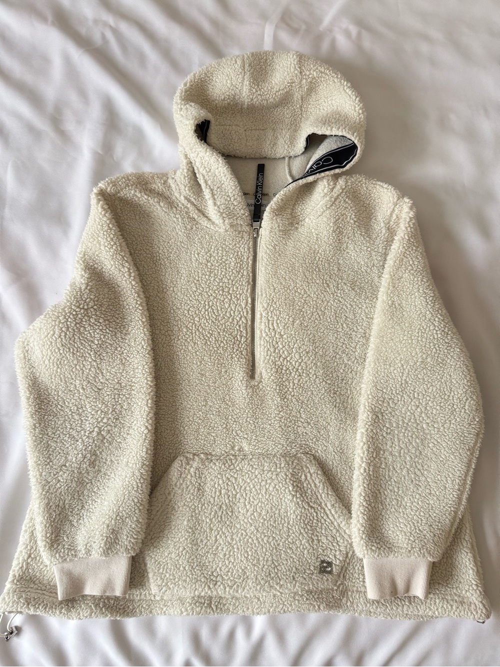 Calvin Klein Ivory Sherpa Fleece 1/2 Zip Hooded Hoodie w/ Pockets Size S